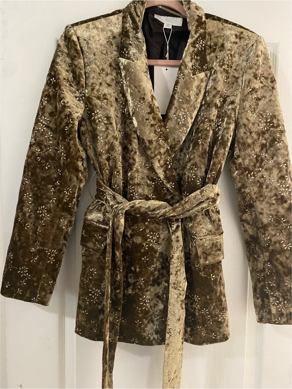 Zara Metallic Thread Crushed Velvet Tie-Waist Old Money Blazer Jacket Gold L - Picture 2 of 16